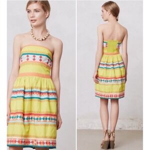 Anthropologie Strapless Dress in Yellow, Blue, and Pink